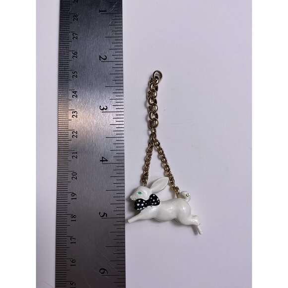 Vintage White Rabbit Pendant Charm Black Polka Dot Bow Tie & Gold-Tone Chain - Picture 2 of 3